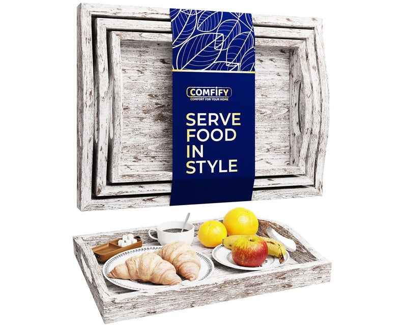 Comfify Serving Trays Set of 3 - Ottoman Wood Trays for Entertainment, Food and Decor - Rustic Farmhouse Distressed Wood Finish - Rustic White - Image 1